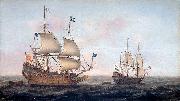 Jacob Gerritz. Loeff, Monogrammist JGL French man-of-war escorted by a Dutch ship in quiet water oil painting